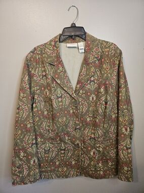 Vintage Liz Claiborn Denim Patterned Button-Front Jacket in Olive Multicolor
